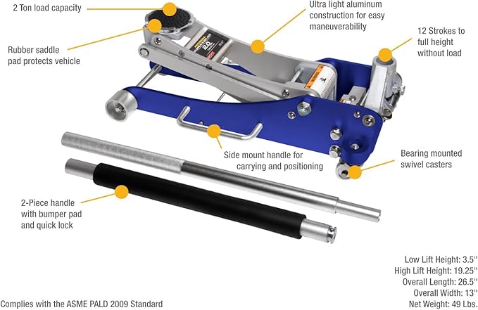 ARCAN Tools 2-Ton (4,000 lbs.) Quick Rise Aluminum Floor Jack with Dual Pump Pistons & Reinforced Lifting Arm (A20017)
