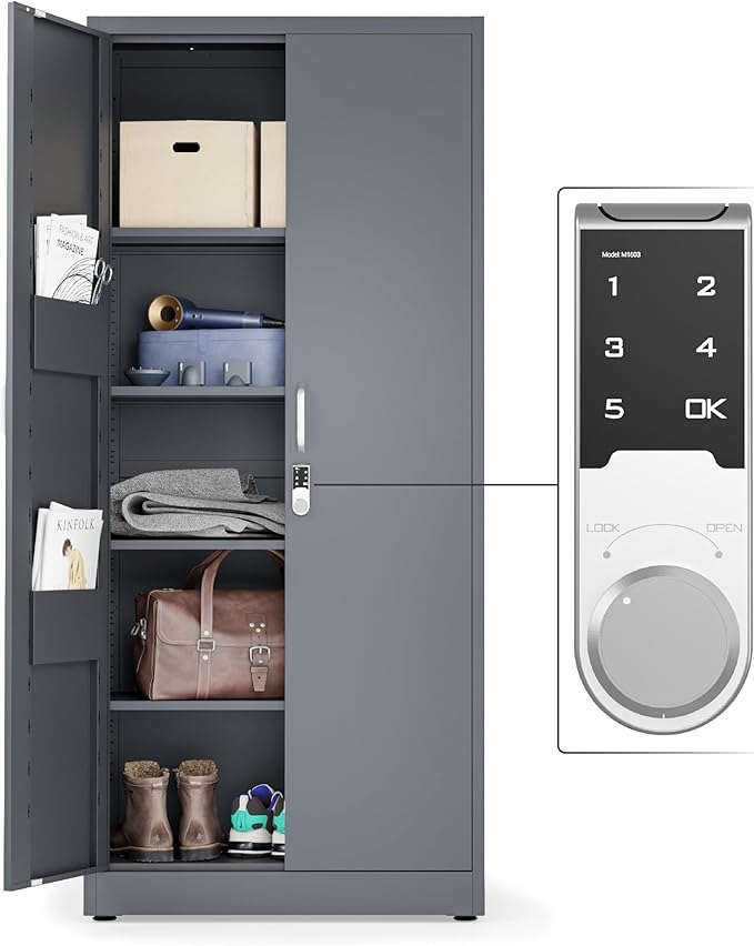 Metal Storage Cabinet with Digital Lock | Garage Storage Cabinet | 71" Lockable Office Cabinet | Utility Metal File Cabinets (Dark Gray)