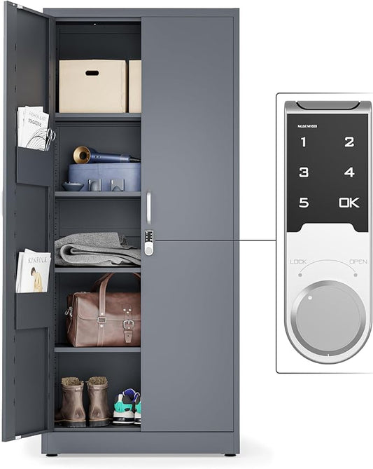 Metal Storage Cabinet with Digital Lock | Garage Storage Cabinet | 71" Lockable Office Cabinet | Utility Metal File Cabinets (Dark Gray)