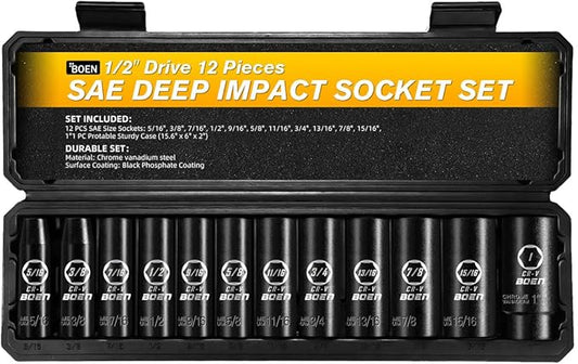 BOEN 1/2" Drive SAE Deep Impact Socket Set, 12 Piece Cr-V Steel Socket Set SAE Size 5/16" to 1", Black Phosphate Coating, 6 Point Design, Meets ANSI Standards