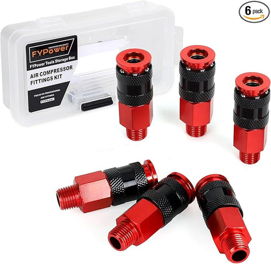 Air Hose Fittings, 6 Pieces AMT Universal Air Couplers with 1/4" NPT Male Threads, Red