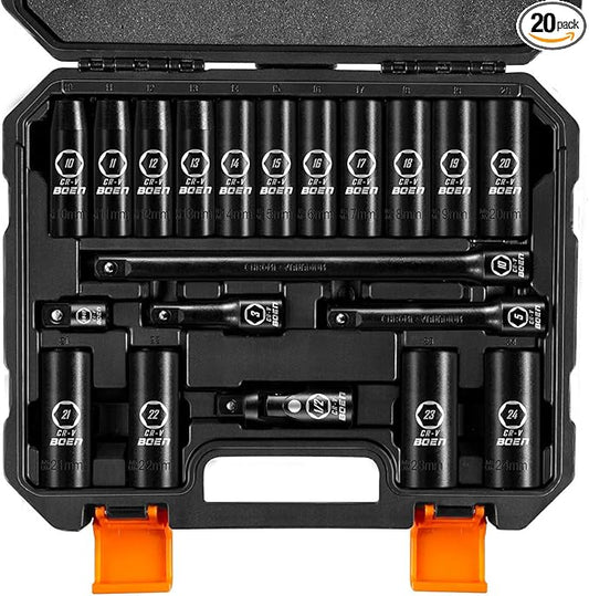 BOEN 1/2" Drive Metric Deep Impact Socket Set, 20 Piece Cr-V Steel Metric Socket Set 10mm-24mm, Includes Extension Bars, Universal Joint and Adapter, 6 Point Design, Meets ANSI Standards
