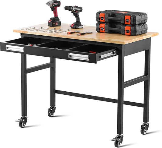 VEVOR 48" Workbench, 1500 lbs Load Capacity, Work Bench with Sliding Drawer Storage and Wheels, Rolling Workbench on Wheels, Heavy Duty Oak Wood Top Work Table for Garage, Workshop, Office, and Home