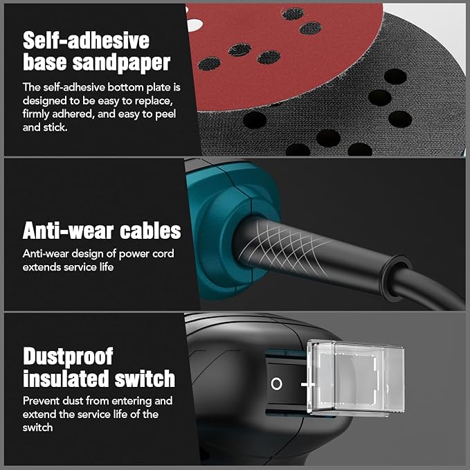 Jadeshay Electric Random Orbital Sander, Eccentric Sander Adjustable 6 Speed for Woodworking, Polishing & Sanding with Enhanced Dust Collection