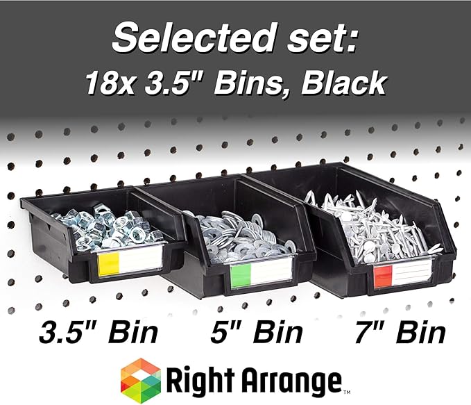 Pegboard Bins – 18 Pack Black - Hooks to Any Peg Board - Organize Hardware, Accessories, Attachments, Workbench, Garage Storage, Craft Room, Tool Shed, Hobby Supplies, Small Parts