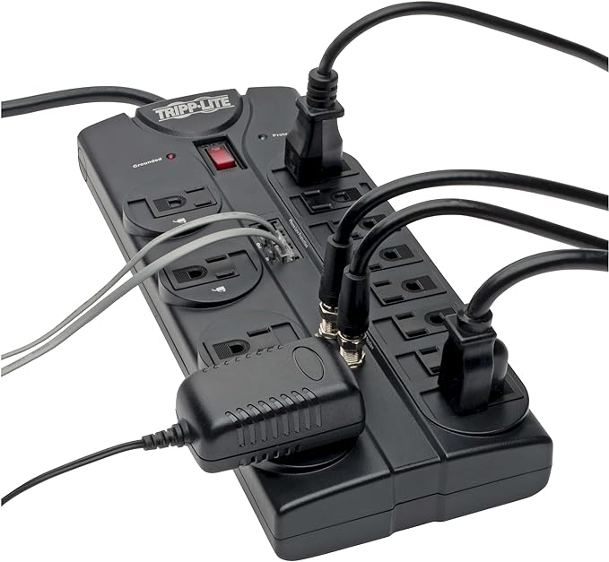 Tripp Lite TLP1208TELTV 12 Outlet Surge Protector Power Strip, 8ft Cord, Right-Angle Plug, Tel/Modem/Coax Protection, RJ11, & Dollar 150,000 Insurance Black