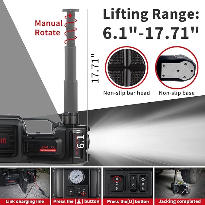 E-HEELP Electric Car Jack Kit 5Ton 12V Hydraulic Car Jack Lift (Lifting Range: 6.1~17.7 inch) with Electric Impact Wrench for SUV MPV Sedan Truck Change Tires Garage Repair