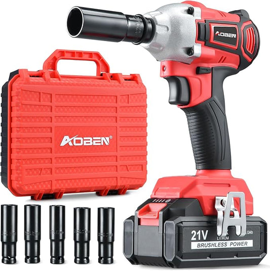 AOBEN Cordless Impact Wrench 1/2 inch,21V 300N.m Brushless Impact Gun with 4.0Ah Battery, Charger & 6 Sockets,Electric Impact Wrench for Car Home