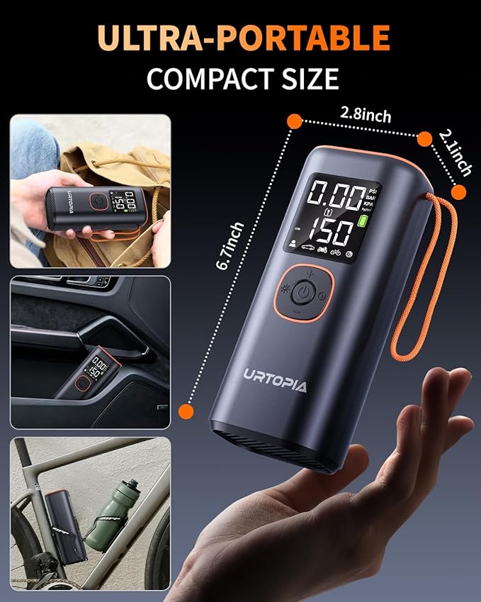 Tire Inflator Portable Air Compressor, 150PSI Electric Air Pump for Car Tires with Tire Pressure Gauge, Auto Shutoff, 5 Modes, LED Light, Rechargeable Car Tire Pump for Car, Motorcycle, Bike, Ball