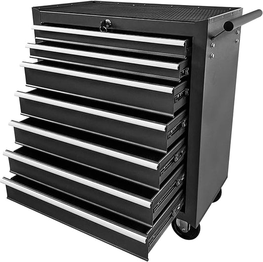Rovibek 7-Drawer Rolling Tool Chest, Lockable Tool Box with 360° Wheels, Ball-Bearing Slides, Large Capacity Metal Tool Storage Cabinet for Office Home Garage Workshop Warehouse, Black