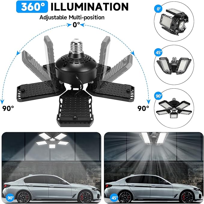 2-Pack LED Garage Lights 2 Pack-160W, 16000LM 6500K with 5+1 Deformable Panels, Indoor LED Shop Light Barn Light Garage Ceiling Lights, E26/E27 for Garage, Warehouse, Shop, Basement