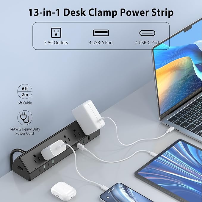 45W Fast Charging Station,Desk Clamp Power Strip,4 PD USB-C Ports,5 AC Outlets,Surge Protector Power Strip, 14AWG Heavy Duty Cord, Fits 1.9" Tabletop Edge (Black, 6 FT Cable)