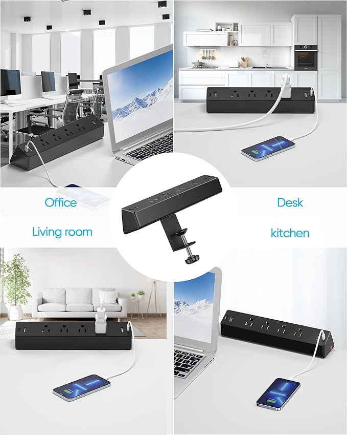 Desk Clamp Power Strip, ACOZVIN Desk Outlet Charging Station Surge Protector, 4 AC Outlets 4 USB Ports(2 USB C), 6Ft Cord, Desktop Mount Power Station for Office Home, Fit 1.7" Tabletop Edge