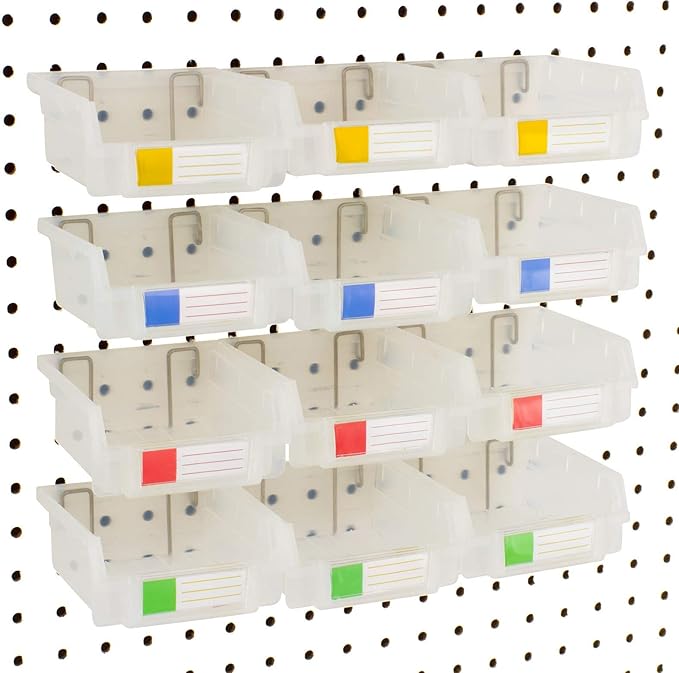 Pegboard Bins - 12 Pack Clear - Hooks to Any Peg Board - Organize Hardware, Accessories, Attachments, Workbench, Garage Storage, Craft Room, Tool Shed, Hobby Supplies, Small Parts