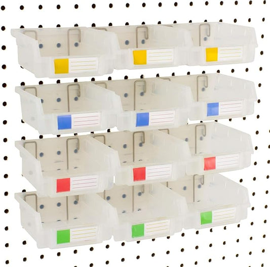 Pegboard Bins - 12 Pack Clear - Hooks to Any Peg Board - Organize Hardware, Accessories, Attachments, Workbench, Garage Storage, Craft Room, Tool Shed, Hobby Supplies, Small Parts
