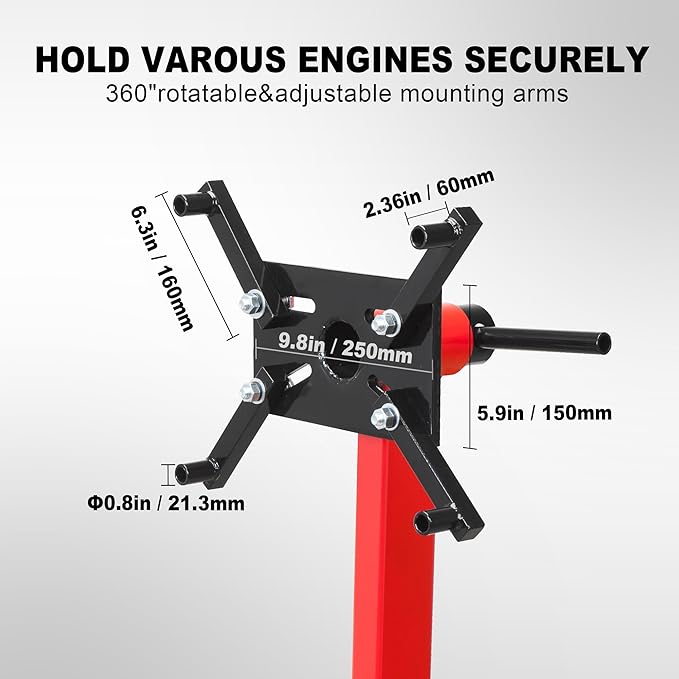 BIG RED TAM25671-1 Torin Engine Stand: Rotating Engine Motor Stand with 360 Degree Mounting Head, Extra Tool Storage Tray, 4-Casters and 4 Adjustable Arms, 5/8 Ton (1,250 lbs) Capacity - Red
