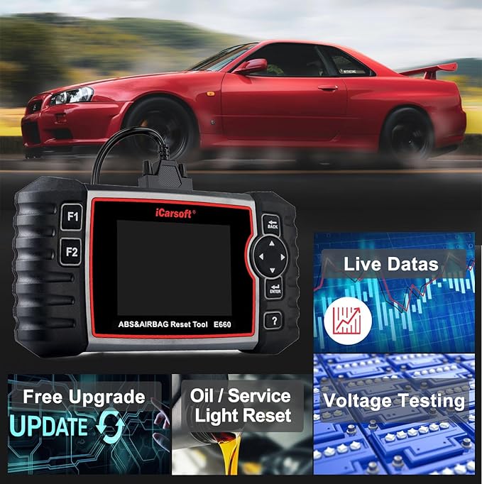 iCarsoft E660 ABS Diagnostic Tool, OBD2 Scanner for ABS/SRS/SAS/EPB/Engine, Car Code Reader with SAS/EPB Reset/Battery Test, Auto Diagnostic Car Scanner Read Clear Fault Codes,Free Upgrade