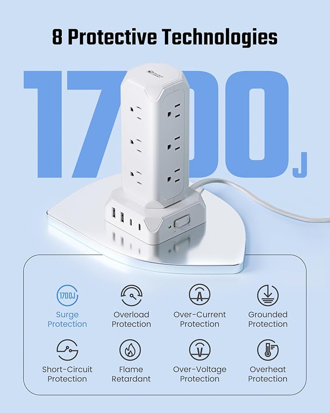 Power Strip Tower, SUPERDANNY 12 Outlets with 35W USB(2 USB-A & 2 USB-C) Charging Station, 1625W/13A, 1700J Surge Protector, 15ft Flat Plug Extension Cord with Multiple Outlets for Home, Office, Dorm