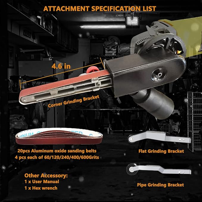 Belt Sander attachments for Angle Grinder, Detailing File Sander adapter, US 5/8-11 Thread, Suitable for Welding Points Grinding,Woodworking and Metal Rust Removal (20pcs Sanding Belts)