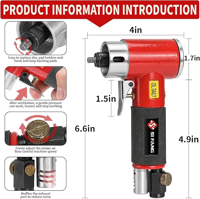 SI FANG 3 Inch Air Sander Right Angle Grinder, Upgraded Mini Pneumatic Polisher Surface Prep Conditioning Rotary Tool Kit with 45Pcs Roll Lock Quick Change Disc and Sanding Discs