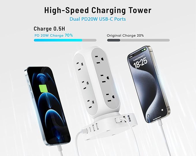 Flat Plug Power Strip Tower, 40W Total Fast Charging Station, Dual PD 20W USB-C Surge Protector with 12 AC Outlets and 8 USB Ports (4 USB C), 10FT Extension Cord for Home Office Dorm Room