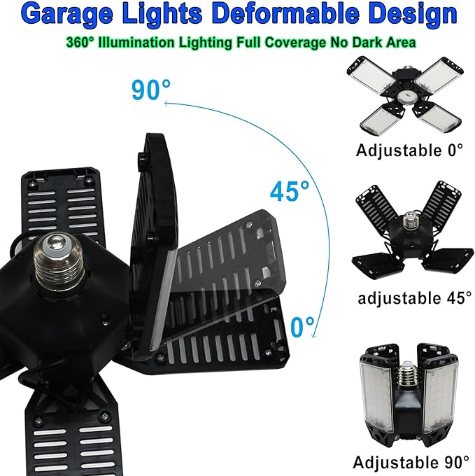 150W LED Garage Light, 15000 Lumen Garage LED Ceiling Lights with 4+1 Adjustable Panels, E26/E27 6500K Daylight LED Shop Light Bulb Fixture LED Lights for Garage, Workshop