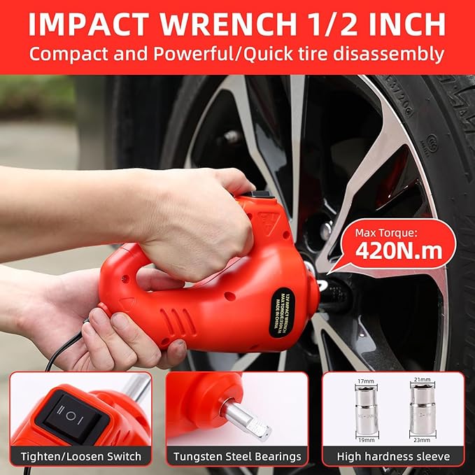 ROGTZ Electric Hydraulic Car Jack Kit with Impact Wrench and Tire Inflator Pump, 5 Ton 12V Car Jack Hydraulic Car for SUV Sedans Tire Change with LED Light(Red)