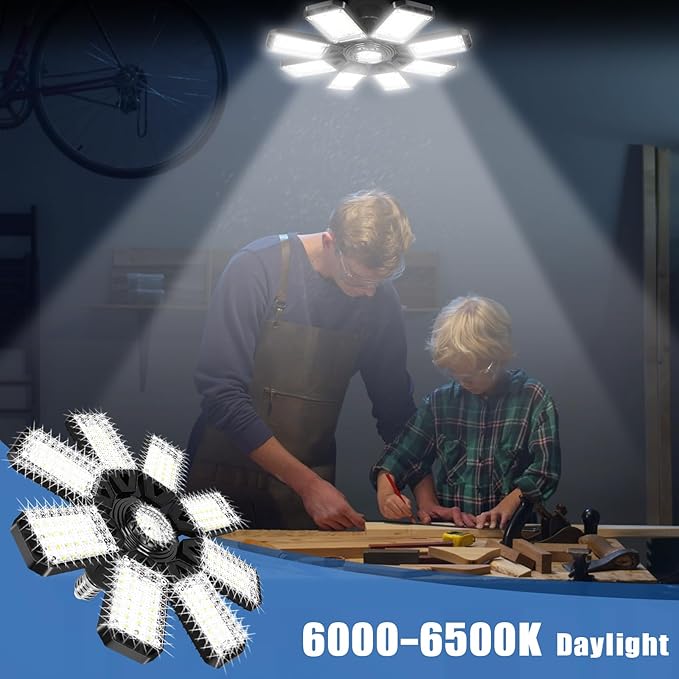 LED Garage Lights Bulb 8 Panels 2 Pack -200W, 20000LM 6500K Led Shop Light with 8 Deformable Panels, Basement Barn Light Garage Ceiling Lights