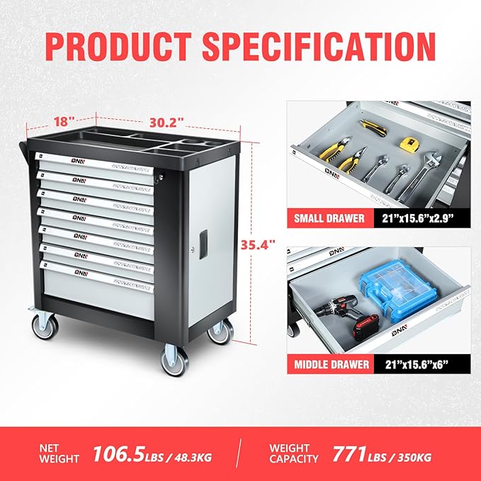 DNA MOTORING 7-Drawers Roller Tool Chest Cabinet with Casters, Locking System, Top Worktop, for Garage Warehouse Workshop, Grey, TOOLS-00397