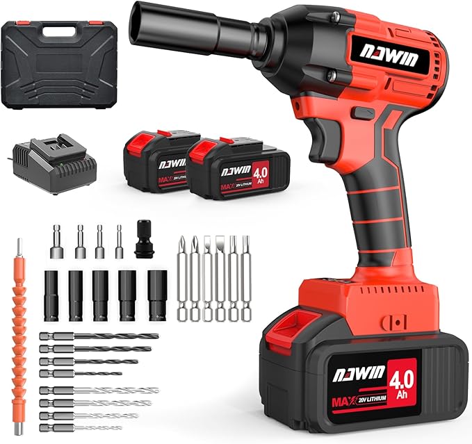 NAWIN Cordless Impact Wrench, 240Ft-lbs & 320Nm Power Impact Socket Set, 1/2 inch Impact Wrench, Multi-Speed Adjustment Impact Wrench, Led Light, 20V Impact Wrench with 2×4.0Ah Battery, Fast Charger