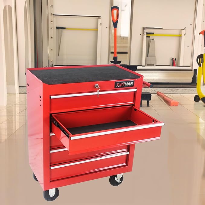 Rolling Tool Chest Metal Tool Box with Wheels Tool Cabinet Craftsman Tool Cart on Wheels Tool Box Portable Tool Box with Wheels 5 Drawers Multifunctional Tool Cart with Wheels, Red