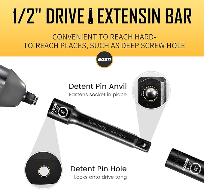 BOEN 35PCS 1/2” Drive Impact Socket Set, Deep SAE(3/8"-1-1/4") & Metric(8-24mm) Socket with Extension Bars, 6 Point Cr-V Steel for Auto Repair, Double Lock Case