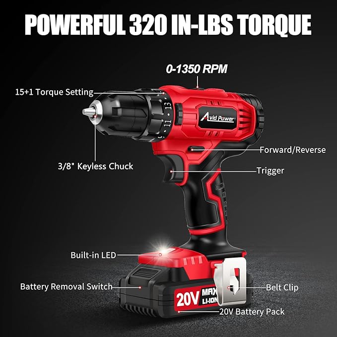 AVID POWER 20V Cordless Drill Set, 320 In-lbs Torque Power Drill/Driver Kit with Drill Brush, 2 Variable Speed, 3/8'' Keyless Chuck (Drill Bit Set Not Included)