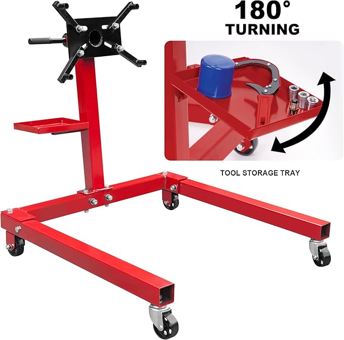 BIG RED TAM25671-2 Torin Steel Rotating Engine Stand with 360 Degree Adjustable Mounting Head and Extra Tool Storage Tray: 5/8 Ton (1,250 lb) Capacity, Red