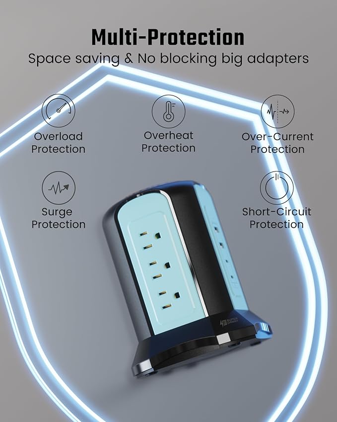 Power Strip Tower Surge Protector, SUPERDANNY Desktop Charging Station, 10 Ft Extension Cord, 9 Outlets, 4 USB Ports, 1080 Joules, 3-Prong, Grounded, Multiple Protections for Home, Office, Blue