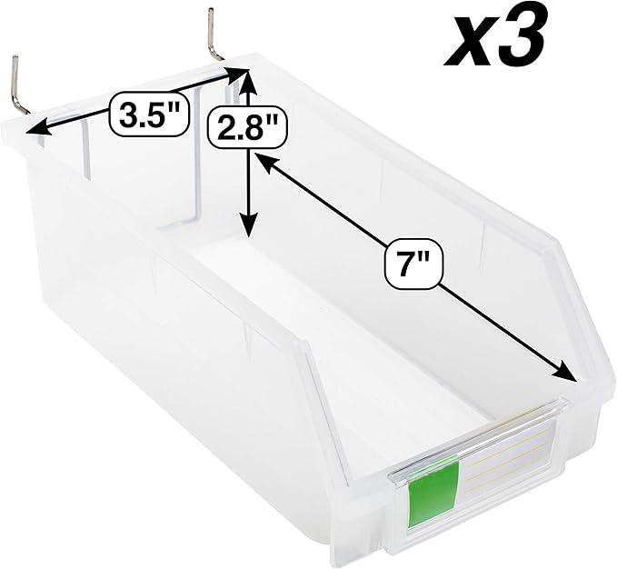 Pegboard Bins – 3 Pack Clear Extra Large - Hooks to Any Peg Board - Organize Hardware, Accessories, Attachments, Workbench, Garage Storage, Craft Room, Tool Shed, Hobby Supplies, Parts