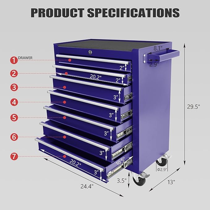 7 Drawer Metal Tool Chest 30 inch,Tool Cart On Wheels with Wheels,Mechanic Tool Cart with Lock and Toolboxes Trays for Garage Tool Storage Cabinet,(Blue)