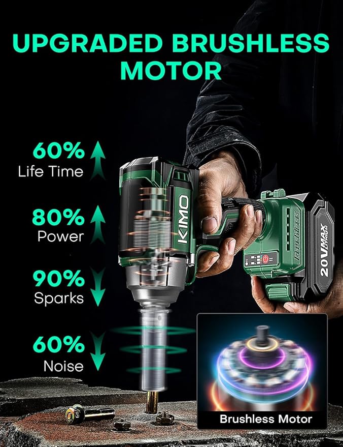 KIMO Cordless Impact Wrench, 550N.m/406ft-lbs, 7Sockets,3Inch Extension Bar, High Torque Impact Brushless Wrench with 3/8" Chuck, 3000 RPM, 3000mAh Li-ion Battery, Charger, Power Impact Wrench for Car