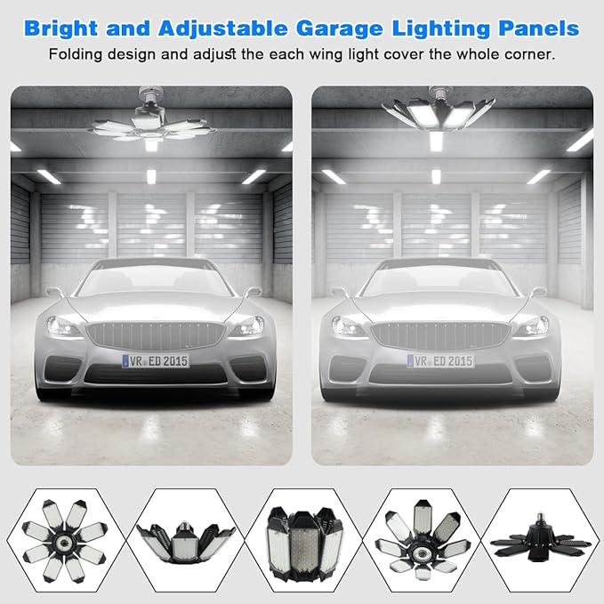 Garage Light - 40000LM Super Bright 6500K Garage Lights Ceiling Led w/ 8 Deformable Panels Compatible for E26/E27 Garage Light Socket Applicable for Garage Barn Warehouse Attic - 2Pack