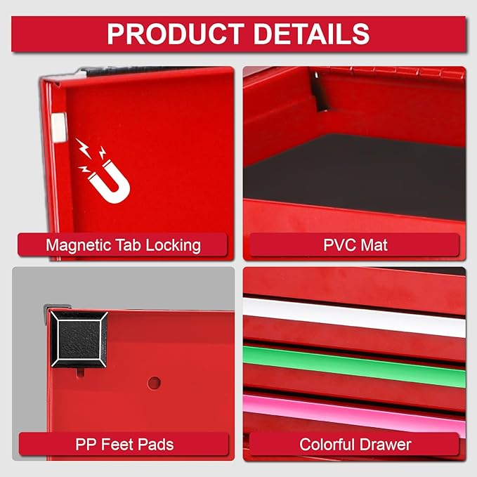P.I.T. Mini Red Tool Box, Portable 3 Colorful Drawer Steel Tool Box with Magnetic Tab Locking, Red Micro Top Chest with Liner for Tools Storage, Home DIY