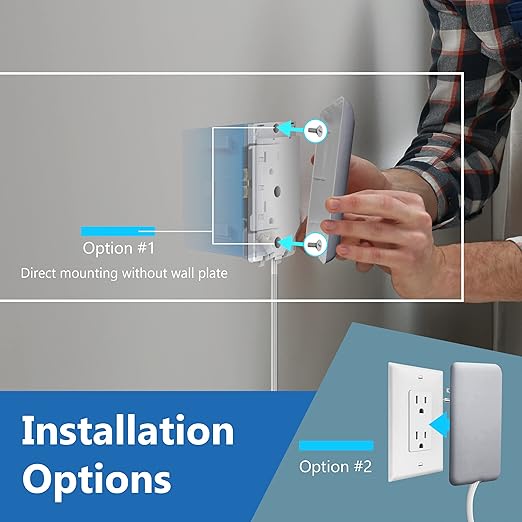 LIDER Flat-Face Outlet Extender with 3 Receptacles, Ultra-Thin Wall Plate Plug with Cord Extender and 3-Outlet Power Strip, 3ft Cord, LWE3-315-SV, SV