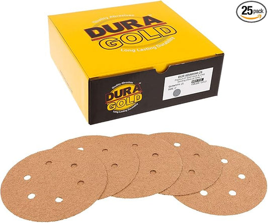 Dura-Gold Premium 40 Grit 6" Gold Sandpaper Discs, 6 Hole Pattern Dustless, Box of 25 - Hook & Loop Backing for DA Sander, Finishing Coarse Sanding Abrasive Automotive Paint, Woodworking Wood, Metal