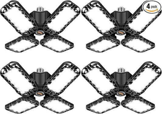 LED Garage Light 4 Pack, 120W Ultra Bright LED Shop Light with 4 Adjustable Panels, 12000LM E26/E27 Base Deformable Ceiling Light Fixtures for Garage, Workshop, Attic, Basement, Barn (Black-4 Pack)