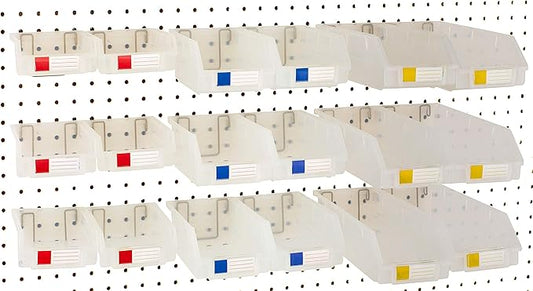 Pegboard Bins - Set of 18, Clear - Hooks to Any Peg Board - Organize Hardware, Accessories, Attachments, Workbench, Garage Storage, Craft Room, Tool Shed, Hobby Supplies, Small Parts…