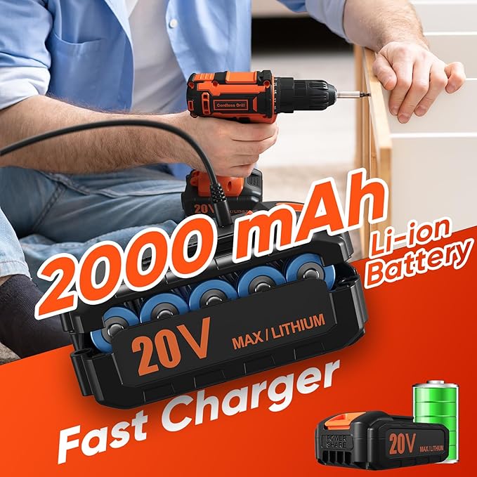 Cordless Drill Set, 20V Power Drill with Battery 2.0Ah and Charger, 3/8-Inch Keyless Chuck Electric Drill, 25+1 Position, 42pcs Drill Driver Bits/Screws for DIY Projects (Orange)