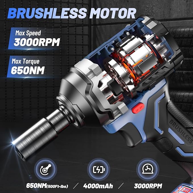 Elikliv Cordless Impact Wrench 1/2 inch, 500Ft-lbs Max Torque(650N.m), 21V 3000 RPM Power Impact Gun with 4 Sockets, 4000mAh Battery with Fast Charger, Electric Impact Driver for Car Truck Tires Home