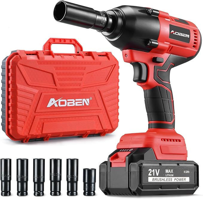 AOBEN Cordless Impact Wrench 1/2 Inch, Power Impact Gun Kit, Max 600N. M/450Ft-lbs High Torque Electric Impact Driver for Car RV Tire, 4.0Ah Battery, Charger, 6 Sockets & Storage Tool Case