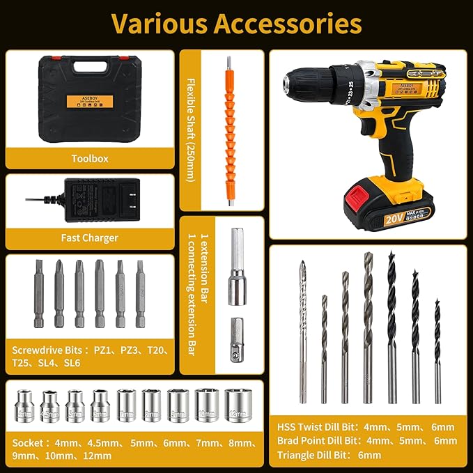 Cordless Drill with Battery and Charger, Power Drill Cordless, Electric drill Set with 3/8 Keyless Chuck, 25+3 Torque Settings for Screwdriving, Drilling (2 Batteries)