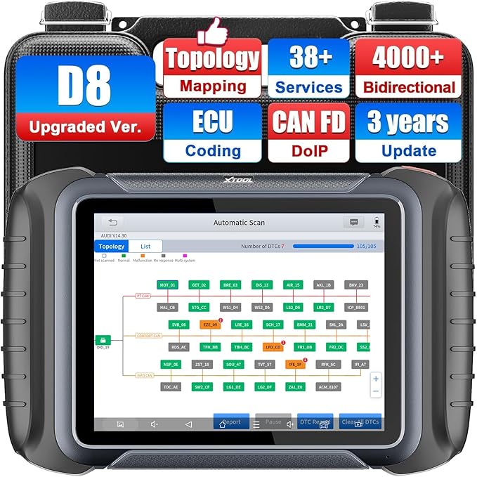 XTOOL D8S OBD2 Scanner: 2025 Upgrade of D8 Scanner, Bidirectional Scan Tool with 3-Year Update, Topology Mapping, ECU Coding, 38+ Resets, All Systems Car Scanner, Crank Sensor Relearn, CANFD/DoIP