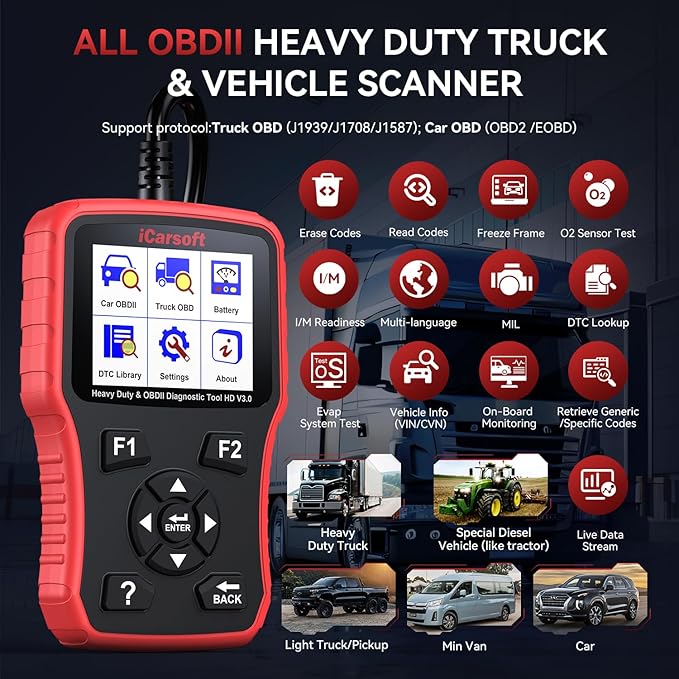 Heavy Duty Truck Scanner, iCarsoft HD V3.0 Multi-System OBD2 Diagnostic Scan Tool for Truck, Car, Mini Van, Light Duty Vehicle, Code Reader,Battery Test, Graphic Data Display-Red